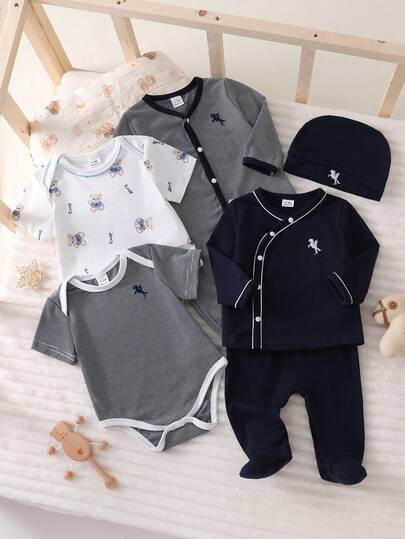 Newborn Baby Pajama Set, Striped & Cartoon Bear Print Bodysuit, Hat, Top And Pants