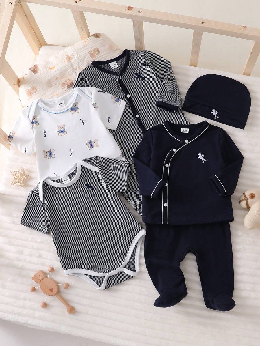 Newborn Baby Pajama Set, Striped & Cartoon Bear Print Bodysuit, Hat, Top And Pants - Royal Blue - View 1