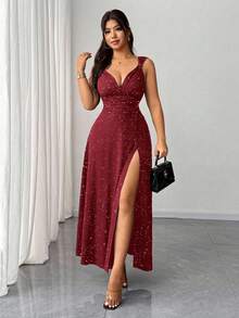 Rafferiza 女士黑色优雅纯色V领高弹紧身派对连衣裙，百搭时尚开衩设计，适合约会/派对/夜店/街头/万圣节/情人节/生日等场合，也可作为婚礼宾客礼服、优雅连衣裙或乡村音乐会服装。 - 紅色 - 查看 3