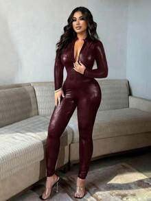 Chiquease 女士黑色性感亮面仿鳄鱼皮前拉链连体裤，长袖夜店派对约会之夜新款设计，春夏秋季女士性感派对/夜店/街头/约会/万圣节/情人节新款演唱会服装晚宴生日俱乐部修身紧身原创设计长款打底连体裤 - 酒紅色 - 查看 2