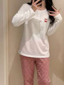 Girls' Cherry Plaid Pattern Half-Placket Top & Elastic Waist Shorts 2 Pieces Pajama Set Cherry Pajama Set - Red and White - View 3