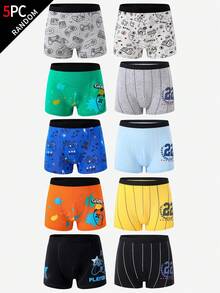 男童平角内裤 - 5 条装，随机图案，色彩缤纷，弹性腰带，舒适四季皆宜，适合 2026 年假日季，卡通游戏运动条纹纯色腰带，柔软贴身，幼儿青少年平角内裤多件装礼品 - 彩色 - 查看 3