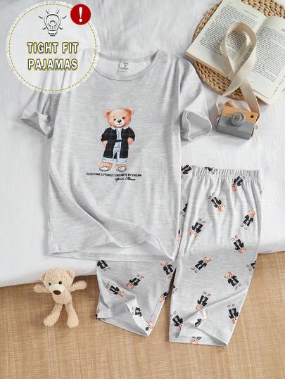 2pcs/Set Teenage Boys Gray Bear Graphic Short Sleeve Snug Fit Tee And Shorts Set, Made Of Stretchy Soft Fabric, Casual Homewear For Spring/Summer
