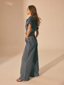 Aralina Women's Summer / Winter Denim Casual Short Sleeve Long Leg Jumpsuit, Y2K Stockholm Style Streetwear