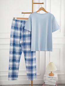 Teen Boys Dusty Blue Short Sleeve Plaid Pocket Regular Length Everyday Casual  Pajama Set - Dusty Blue - View 2