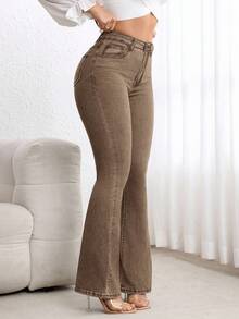 SHEIN Tall Casual Washed High Waist Flare Leg Jeans - Coffee Brown - View 6