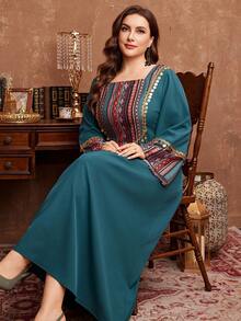 Al Najma Plus Size Women Patchwork Tassel Decor Waist A-Line Vacation Arabian Dress - Green - View 4