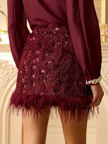 EMERY ROSE 优雅串珠流苏拼接迷你裙，性感派对装扮，女士 - 酒紅色 - 查看 2