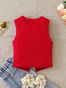 Young Girl Red Summer Satin Knit Top,First Birthday Round Neck Bowknot Split Back Sleeveless Tank Top,Cute & Fashionable Mom And Daughter Matching - Red - View 2