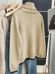 Franclia 法式复古宽松高领长袖撞色滚边针织套头毛衣，女士秋冬款 - 杏色 - 查看 2