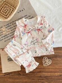 2pcs Baby Girls Cute Rabbit Bow Floral Print Doll Collar Ruffle Trim Long Sleeve Top And Pants Homewear Set - Apricot - View 5