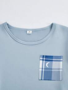 Teen Boys Dusty Blue Short Sleeve Plaid Pocket Regular Length Everyday Casual  Pajama Set - Dusty Blue - View 5