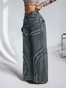 Jeanoix 女士休闲破洞阔腿牛仔裤 宽松牛仔裤 Y2K 宽松牛仔裤 阔腿牛仔裤 女士破洞牛仔裤 - 藍色 - 查看 3