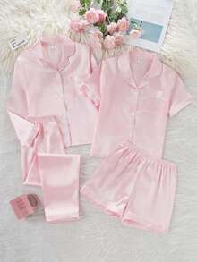 少女睡衣套装 - 两件套粉色缎面长袖翻领睡衣，包含长裤和短裤，适合大女孩穿着，轻盈顺滑，优雅舒适，四季皆宜，是睡前和假期的理想之选。2026 年必备礼物，舒适透气，可机洗，是晨间日常穿着的理想选择。 - 粉色 - 查看 3
