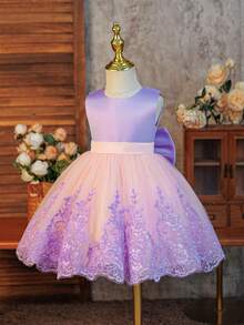 Glamorique Kids 四季皆宜的女婴花童婚礼礼服，无袖蕾丝薄纱裙，紫色和粉色撞色蝴蝶结露背优雅公主裙