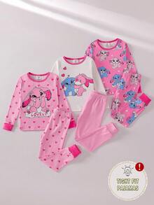 SHEIN GraphicGems 3 件套女童睡衣套装，可爱海洋生物全身印花舒适圆领长袖上衣和长裤，睡衣套装 - 彩色 - 查看 6