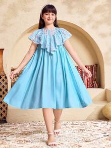 SHEIN Đầm ngắn tay dáng suông họa tiết hoa cho bé gái tuổi teen. - Màu xanh lam - Xem 4