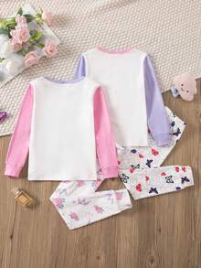 Bộ đồ mặc nhà thoải mái, ôm sát, cổ tròn, họa tiết công chúa và bướm, phối màu, dành cho bé gái, gồm 4 món, thích hợp cho mùa Thu/Đông. - Nhiều màu - Xem 2