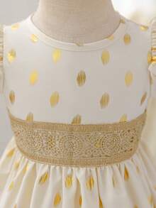 SHEIN Glamorique Kids Baby Girls' Elegant Champagne Gold Foil Puff Sleeve Round Neck Cinched Waist Luxurious Ruffle Hem Dress - Apricot - View 4