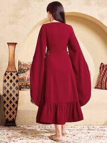 SHEIN Robe patineuse pour préadolescentes avec manches évasées, taille nouée, col rond, imprimé rétro patchwork et volants à l'ourlet - Rouge foncé - Voir 9