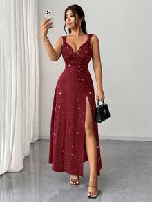 Rafferiza 女士黑色优雅纯色V领高弹紧身派对连衣裙，百搭时尚开衩设计，适合约会/派对/夜店/街头/万圣节/情人节/生日等场合，也可作为婚礼宾客礼服、优雅连衣裙或乡村音乐会服装。 - 紅色 - 查看 7