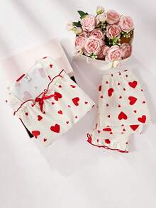 女童两件套睡衣：短袖上衣，饰有蝴蝶结和爱心印花，荷叶边下摆；宽松长裤，荷叶边下摆。 - 杏色 - 查看 10