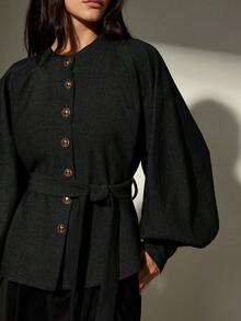 Aveloria Modichic 立领长袖人字纹衬衫，腰部系带设计，宽松版型，小众风格外套 - 黑色 - 查看 1