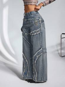 Jeanoix Jeans anchos de pierna casual lavados y deshilachados para mujer - Azul - Ver 3