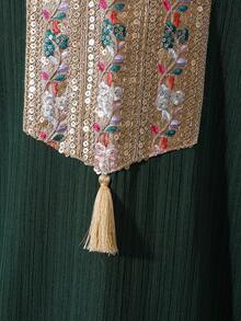 SHEIN Tween Girl Floral Embroidery Pattern Fringe Design Casual Loose Fit Party Bell Sleeve Dress - Dark Green - View 6