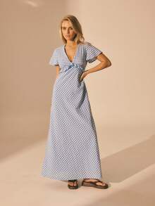 Aralina V领短喇叭袖荷叶边长连衣裙 - 藍白色 - 查看 1