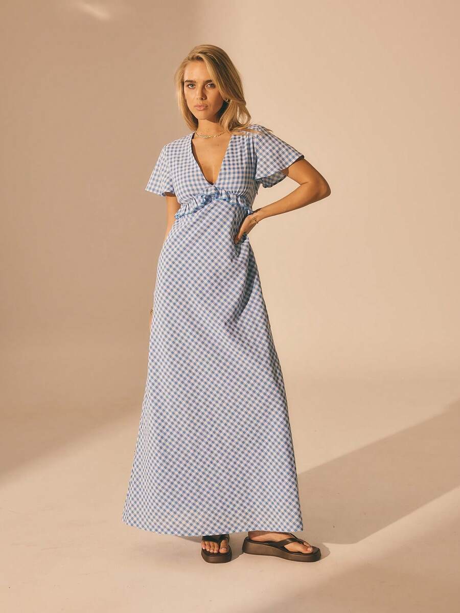 Aralina V领短喇叭袖荷叶边长连衣裙 - 藍白色 - 查看 1