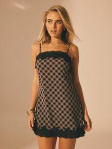 Aralina 女士蕾丝边格纹印花迷你连衣裙，可爱派对装扮，Y2K斯德哥尔摩风格 - 黑與白 - 查看 8