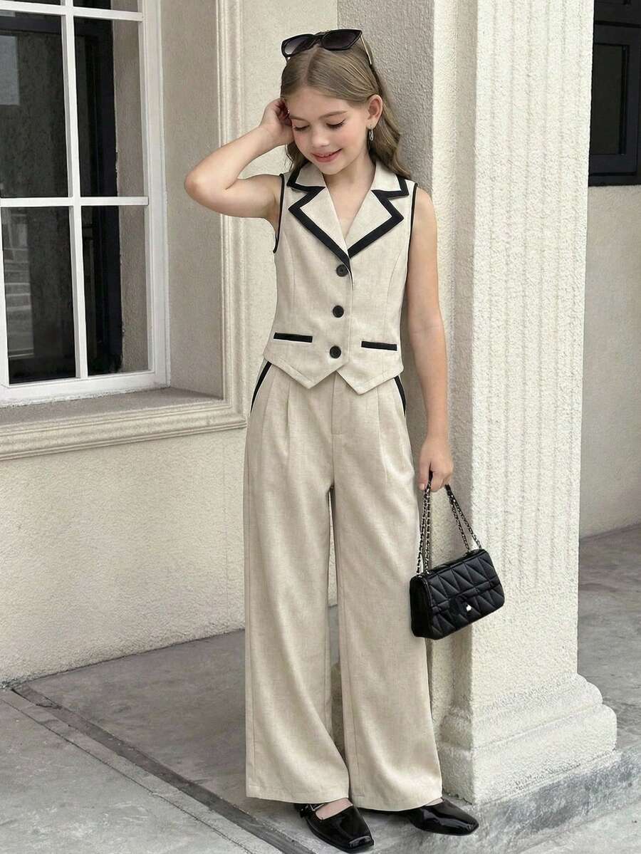 SHEIN 少女撞色翻领背心和阔腿裤两件套 - 卡其色 - 查看 1