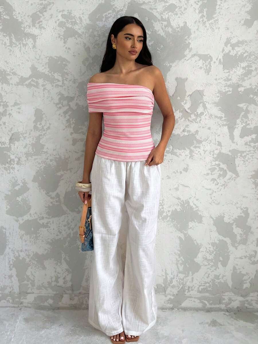 Glamine Women's Summer Vacation Asymmetric Neck One Shoulder Pleated Fitted Striped Sleeveless Top Striped Tube Top - Pink - View 1