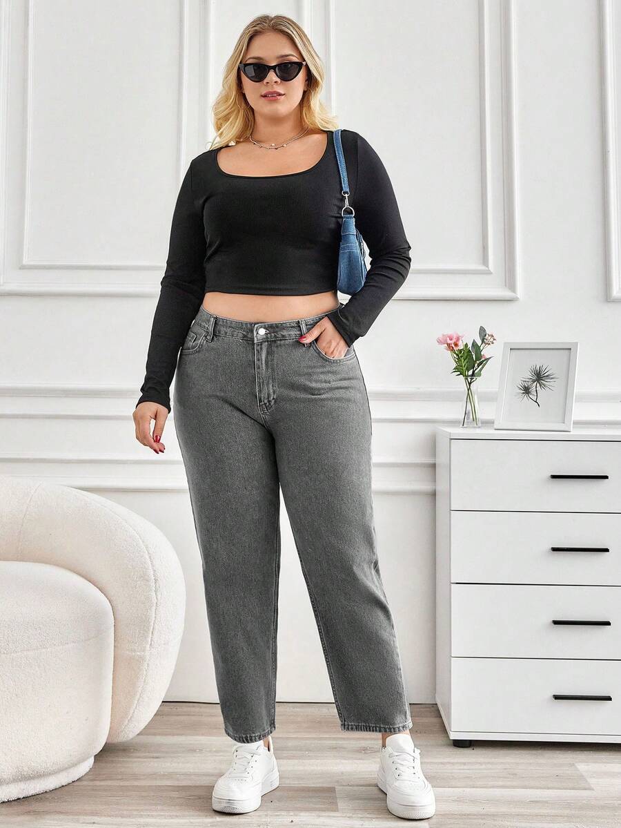 SHEIN Cottnline Plus Size Solid Color Slant Pocket Casual Alternative Versatile Jeans Formal Evening Grey Summer - Light Grey - View 1