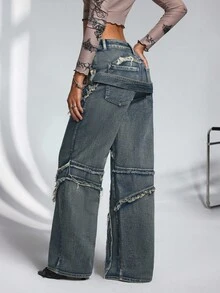 Jeanoix 女士休闲破洞阔腿牛仔裤 宽松牛仔裤 Y2K 宽松牛仔裤 阔腿牛仔裤 女士破洞牛仔裤 - 藍色 - 查看 2