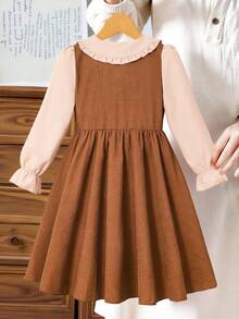 SHEIN Tween Girl Contrast Color Peter Pan Collar Long Sleeve Vintage Dress - Brown - View 2