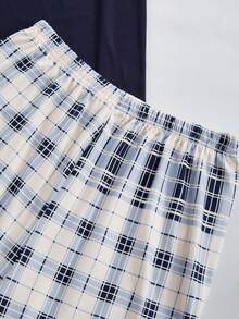 男士格子衬衫长裤两件套，青少年男孩休闲家居服 - 藏蓝色 - 查看 6