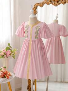 Glamorique Kids Young Girls' Retro Style Puff Sleeves V-Neck Pink Dress - Pink - View 8