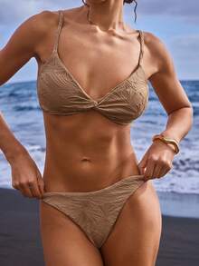Bellisia Women Textured Minimalist Bikini Set,Khaki,Summer,Tropical,Beach,Vacation,Holiday,Boho Bohemian Elegant Brown Daily Swimwear Set For Cruise,Island - Red - View 8