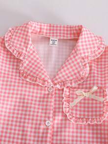 2pcs Girls Elegant Textured Fabric Frill Trim Pink & White Plaid Long Sleeve Top And Pants Pajama Set Pajama Set Pink Gingham - Pink - View 5
