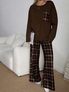 SHEIN Women's Casual Loose Plaid Print Round Neck Pajama Set - Coffee Brown - View 4
