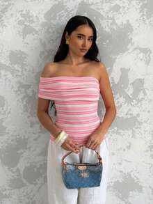 Glamine Women's Summer Vacation Asymmetric Neck One Shoulder Pleated Fitted Striped Sleeveless Top Striped Tube Top - Pink - View 3