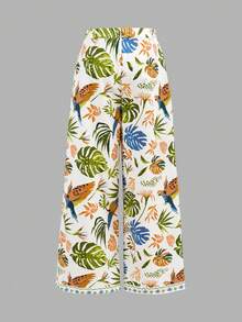 SHEIN Girlism Tween Girl Casual Minimalist Comfortable Mid-Waist Tropical Print Long Pants Tween Girl - Green - View 2