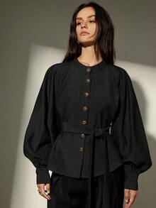 Aveloria Modichic 立领长袖人字纹衬衫，腰部系带设计，宽松版型，小众风格外套 - 黑色 - 查看 4