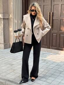 SHEIN PariChic Manteau ample croisé à grand revers style français décontracté en kaki avec poches, automne/hiver pour femmes