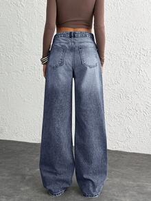 WOMEN CLASSIC HIGH WAIST WIDELEG MEDIUM WASH DENIM JEAN ASYMETRIC WAIST Y2K