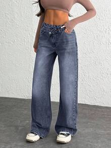 WOMEN CLASSIC HIGH WAIST WIDELEG MEDIUM WASH DENIM JEAN ASYMETRIC WAIST Y2K