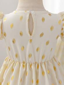 SHEIN Glamorique Kids Baby Girls' Elegant Champagne Gold Foil Puff Sleeve Round Neck Cinched Waist Luxurious Ruffle Hem Dress - Apricot - View 3