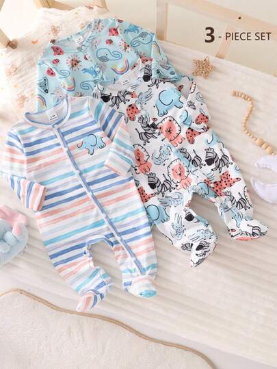 新生儿蓝色罗纹针织卡通森林动物图案长袖连体衣，多件套